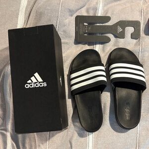 Adidas Women’s Black Slides with White Stripes Adilette Comfort